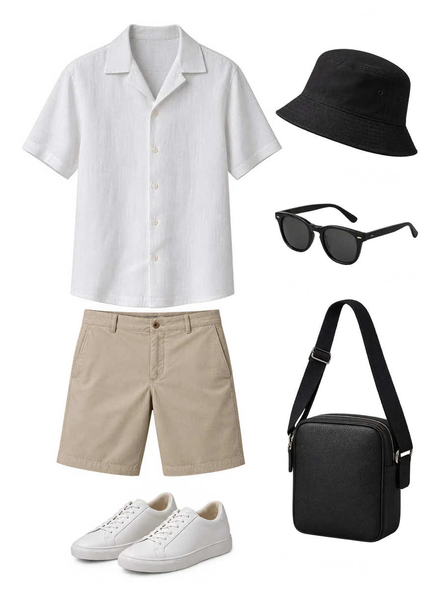 Set A, Modern Minimal: white linen shirt, stone shorts, white sneakers, black bucket hat, sunglasses and a small black bag