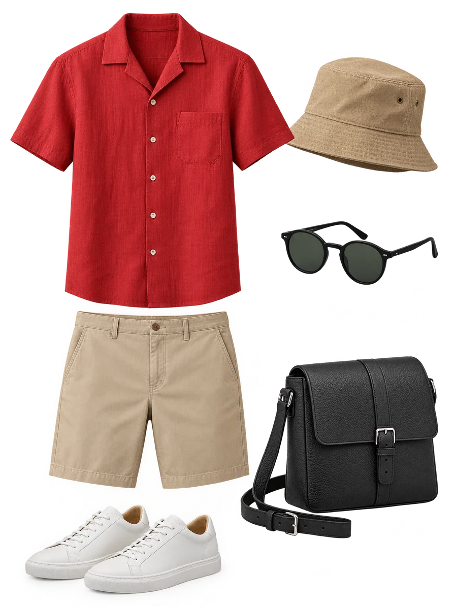 Set B, Urban Explorer: red linen shirt, khaki shorts, white sneakers, tan bucket hat, sunglasses and a black crossbody bag