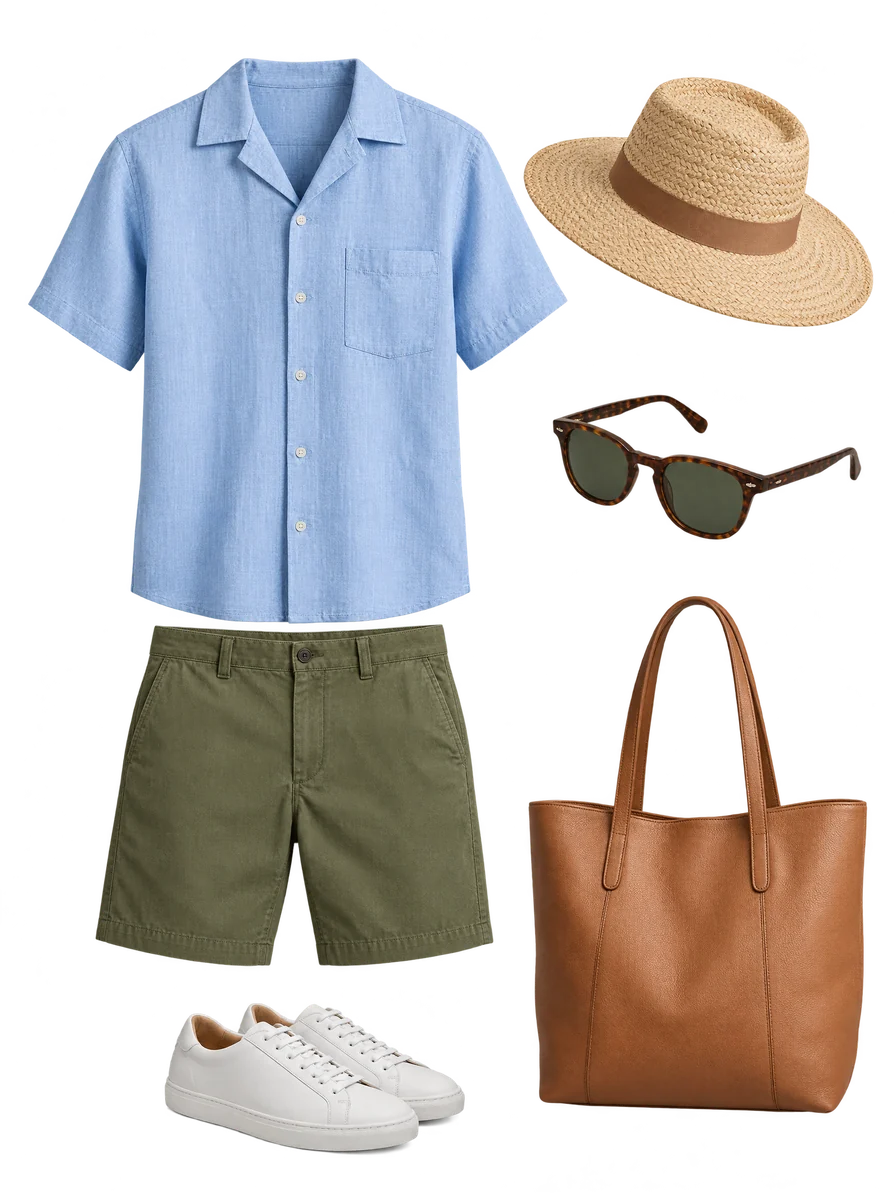 Set C, Coastal Relaxed: light-blue shirt, olive shorts, white sneakers, straw hat, tortoiseshell sunglasses and a tan tote